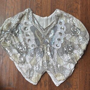 White Sequin Embellished Blouse butterfly style 70’s vintage